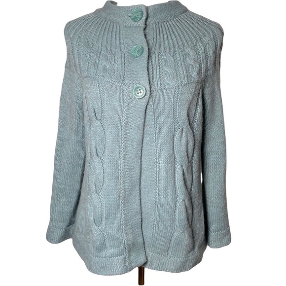 Camaieu Wool Blend Teal Blue/Green Cardigan Size L French Swing Flare - Picture 1 of 11